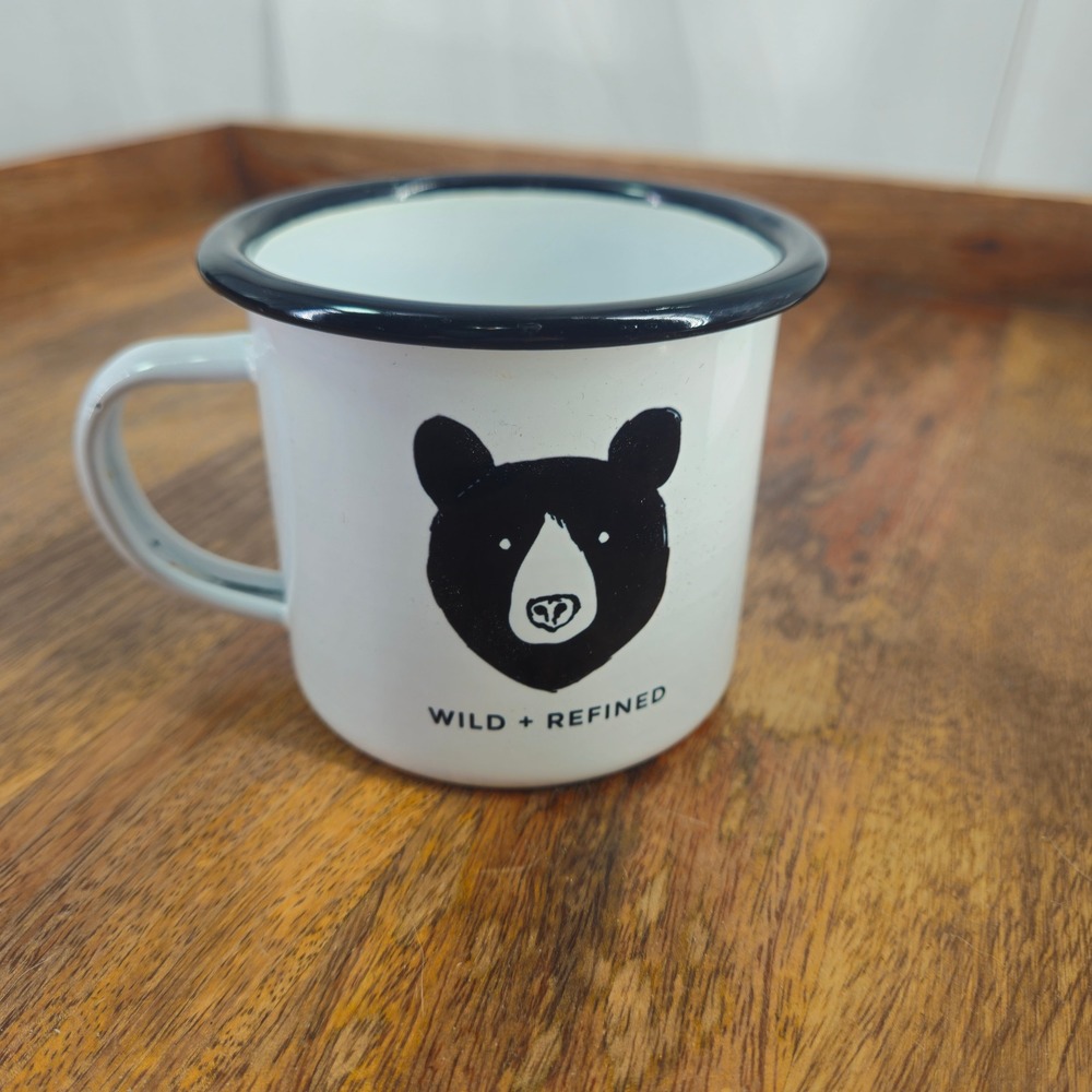 Wild + Refined Asheville Bear Logo Metal Coffee Mug White Black Trim Camping Cup